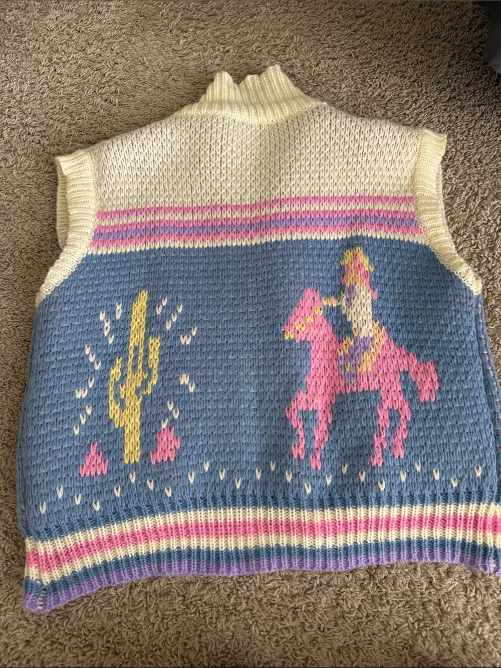 Cream and Blue Knit Western Intarsia Sweater Vest with Pink Accents